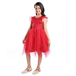 Pine Kids Woven Frill Sleeves Floral Embroidered Party Dress with Sequin Detailing - Scarlet Red