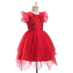 Pine Kids Woven Frill Sleeves Floral Embroidered Party Dress with Sequin Detailing - Scarlet Red