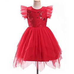 Pine Kids Woven Frill Sleeves Floral Embroidered Party Dress with Sequin Detailing - Scarlet Red