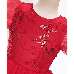 Pine Kids Woven Frill Sleeves Floral Embroidered Party Dress with Sequin Detailing - Scarlet Red