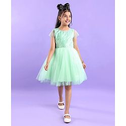 Pine Kids Woven Half Sleeves Party Frock with Sequins Detailing - Green