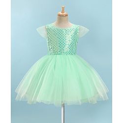 Pine Kids Woven Half Sleeves Party Frock with Sequins Detailing - Green