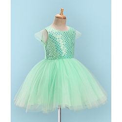 Pine Kids Woven Half Sleeves Party Frock with Sequins Detailing - Green