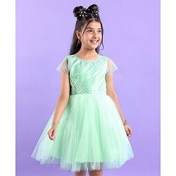 Pine Kids Woven Half Sleeves Party Frock with Sequins Detailing - Green