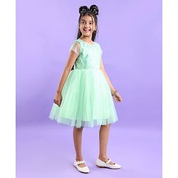 Pine Kids Woven Half Sleeves Party Frock with Sequins Detailing - Green