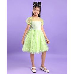 Pine Kids Woven Half Sleeves Party Frock With Polka Dot Print-Green