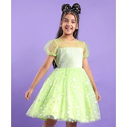 Pine Kids Woven Half Sleeves Party Frock With Polka Dot Print-Green