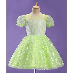 Pine Kids Woven Half Sleeves Party Frock With Polka Dot Print-Green
