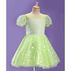 Pine Kids Woven Half Sleeves Party Frock With Polka Dot Print-Green