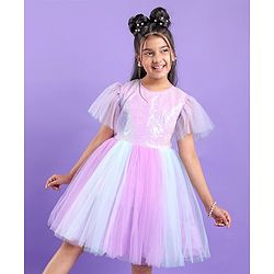 Pine Kids Half Sleeves Party Frock With Sequin Detailing - Pink
