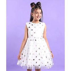 Pine Kids Woven  Sleeveless Party Frock With Polka Dot Print-White
