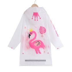 Pine Kids Full Sleeves Hooded Raincoat Flamingo Print - White & Pink