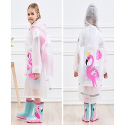 Pine Kids Full Sleeves Hooded Raincoat Flamingo Print - White & Pink