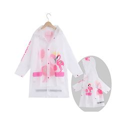 Pine Kids Full Sleeves Hooded Raincoat Flamingo Print - White & Pink