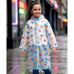 Pine Kids Full Sleeves Hooded Calf Length Raincoat Vehicle Print - Multicolor
