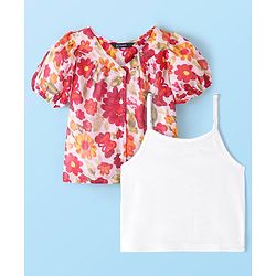 Pine Kids Half Sleeves Top with Inner Slip Floral Print - Red