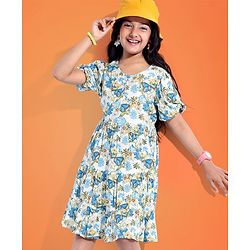 Pine Kids 100% Viscose Woven Half Sleeves Floral Printed Frock - White