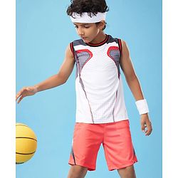 Pine Active Knit Sleeveless Color Block T-Shirt & Shorts Set - White & Red