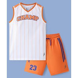 Pine Active Knit Sleeveless Athleisure T-Shirt & Shorts Set Text & Number Print - White & Orange