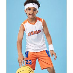 Pine Active Knit Sleeveless Athleisure T-Shirt & Shorts Set Text & Number Print - White & Orange