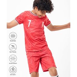 Pine Active Knit Half Sleeves Athleisure T-Shirt & Shorts Set Text & Number Print - Red