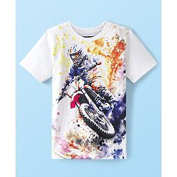 Pine Kids 100% Cotton Knit Half Sleeves T-Shirt Motorcycle Print - Snow White