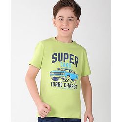 Pine Kids Cotton Half Sleeves T-Shirt Super Car Print - Wild Lime