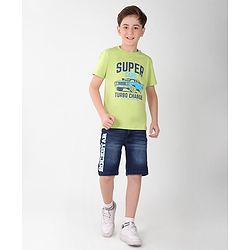 Pine Kids Cotton Half Sleeves T-Shirt Super Car Print - Wild Lime