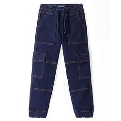 Pine Kids Cotton Elastane Woven Full Length Denim Jeans with Draw Cord - Dark Blue