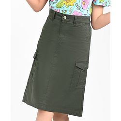 Pine Kids Cotton Woven Strechable Mid Calf Length Solid Skirt with Cargo Pockets - Olive Green