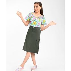 Pine Kids Cotton Woven Strechable Mid Calf Length Solid Skirt with Cargo Pockets - Olive Green