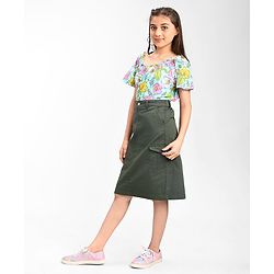 Pine Kids Cotton Woven Strechable Mid Calf Length Solid Skirt with Cargo Pockets - Olive Green