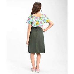 Pine Kids Cotton Woven Strechable Mid Calf Length Solid Skirt with Cargo Pockets - Olive Green
