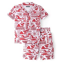 Pine Kids Knit Half Sleeves Night Suit With Beach Print - Snow White