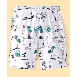 Pine Kids Knit Half Sleeves Night Suit With Beach Print - Snow White
