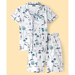 Pine Kids Knit Half Sleeves Night Suit With Beach Print - Snow White