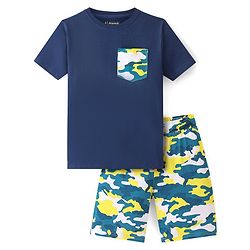 Pine Kids Cotton Knit Half Sleeves Night Suit With Camouflage Print - Navy Blue & Yellow