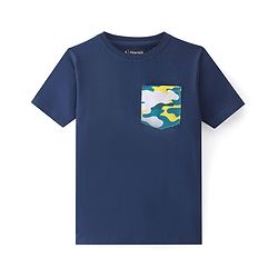 Pine Kids Cotton Knit Half Sleeves Night Suit With Camouflage Print - Navy Blue & Yellow