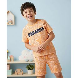 Pine Kids 100% Cotton Knit Half Sleeves Night Suit Leaf Print - Multicolor