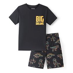 Pine Kids 100% Cotton Knit Half Sleeves Night Suit With Text & Dino Print - Black