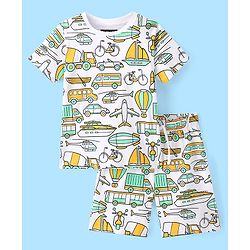 Pine Kids 100% Cotton Knit Single Jersey Half Sleeves Night Suit With Vehicles Print - White & Green
