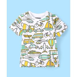 Pine Kids 100% Cotton Knit Single Jersey Half Sleeves Night Suit With Vehicles Print - White & Green