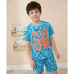 Pine Kids Single Jersey Knit Half Sleeves Text & Ball Printed Night Suit - Light Blue
