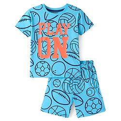 Pine Kids Single Jersey Knit Half Sleeves Text & Ball Printed Night Suit - Light Blue