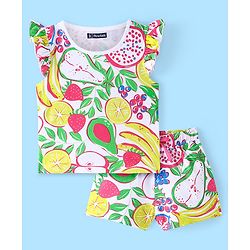 Pine Kids Cotton Knit Frill Sleeves Night Suit With Fruits Print - Multicolor