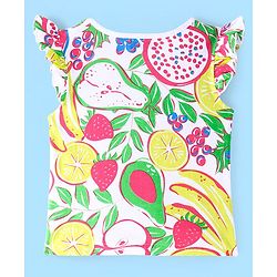 Pine Kids Cotton Knit Frill Sleeves Night Suit With Fruits Print - Multicolor