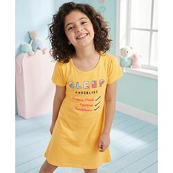 Pine Kids Cotton Knit Half Sleeves Night Gown Text Print - Yellow
