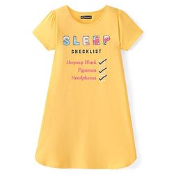 Pine Kids Cotton Knit Half Sleeves Night Gown Text Print - Yellow