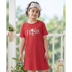 Pine Kids 100% Cotton Knit Half Sleeves Nighty With Flower Print - Red