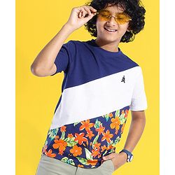 Pine Kids 100% Cotton Knit Half Sleeves T-Shirt Floral Print - Blue Depth